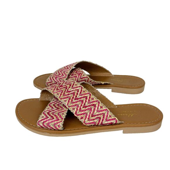 Avellini Cross Strap Woven Flats Sandals Braided Raffia Tan Pink Slides sz 7.5 - Picture 2 of 10